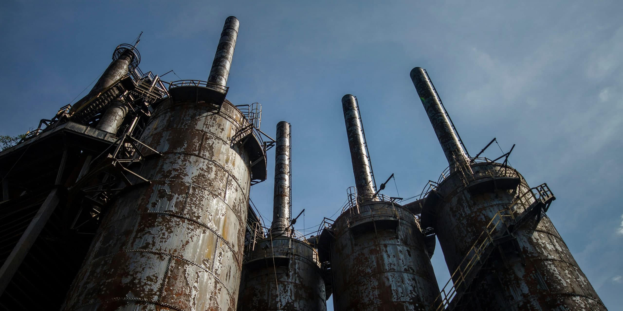The historic Bethlehem Steel blast furnaces rising against a blue sky in Bethlehem, Pennsylvania